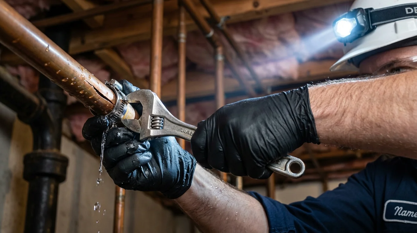 Emergency pipe clamp repair being performed by a Johns Plumbing LLC plumber in Weirton