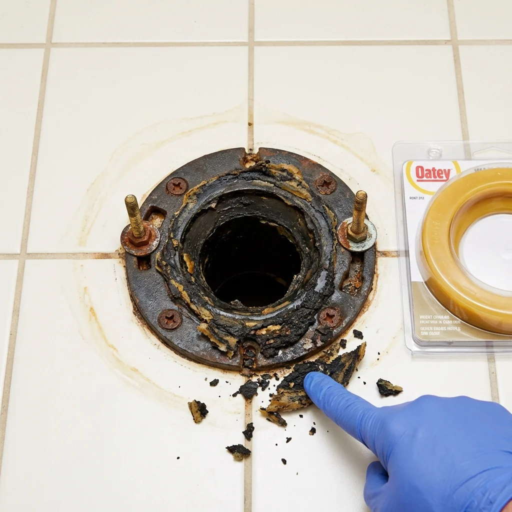 Failed wax ring showing water seepage at the base of a toilet in a Weirton, WV home
