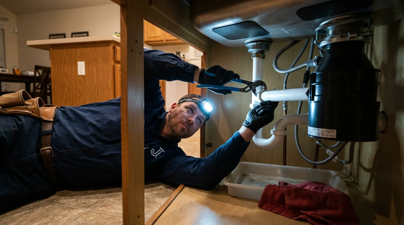 P-trap and supply line connections under a kitchen sink showing a common leak point in Weirton, WV